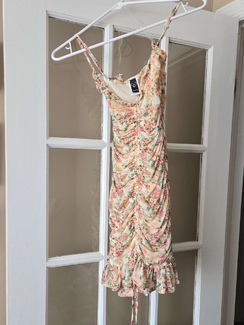 Windsor Cream Floral Ruched Mini Dress with Pink & Green Print